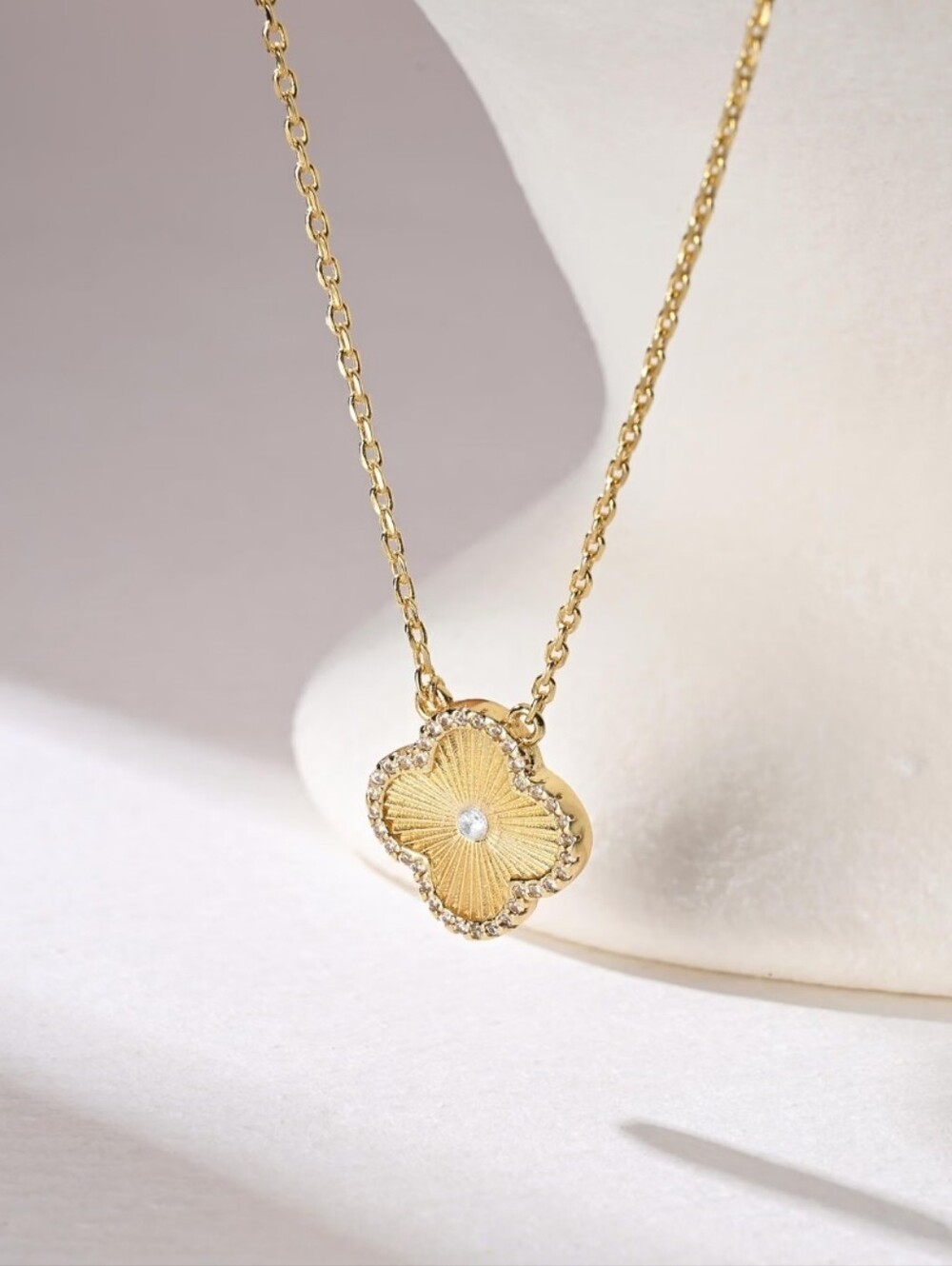 Gold Clover Motif Pendant Necklace Pave Crystal Accent